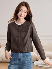 【春季女装新款】2026大量现货春季时尚优雅圆领小香风短款皮衣，女装皮衣，缘衣格