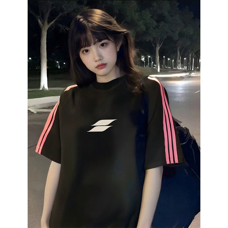 抖音得物品质二开240克宽松纯棉美式潮牌印花三条杠中性风短袖T恤,男装T恤,电商A486