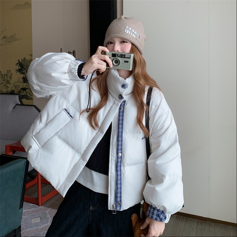 2025新款羽绒服女短款韩版立领拼格面包服小个子保暖外套潮,女装羽绒服,2C278