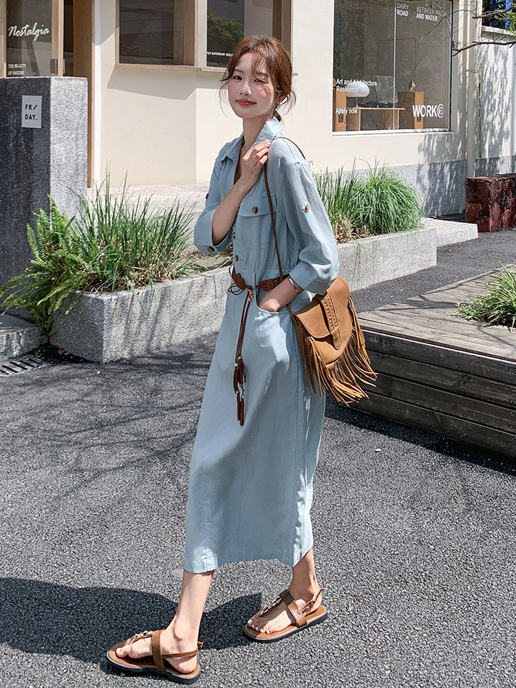 《26夏上新现货》天丝亚麻气质舒服透气三色连衣裙女送腰带,女装连衣裙,时尚风爆