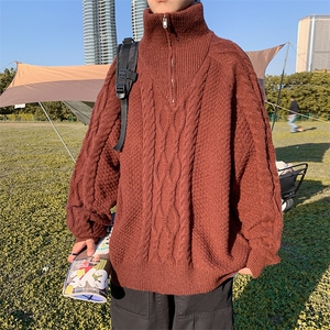高领麻花毛衣男秋冬ins潮流半拉链线衣宽松慵懒针织衫 M1117-P55图片