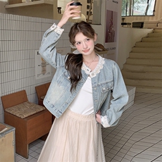 美少女开春牛仔外套女小个子新款浅蓝色韩版夹克上衣蕾丝拼接花边，女装短外套，2C218