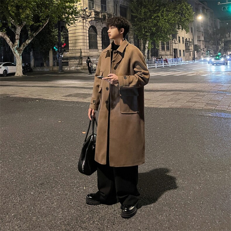 秋冬加棉毛呢大衣男慵懒情侣宽松风衣中长款过膝外套MN00330/P135,男装风衣,电商B316