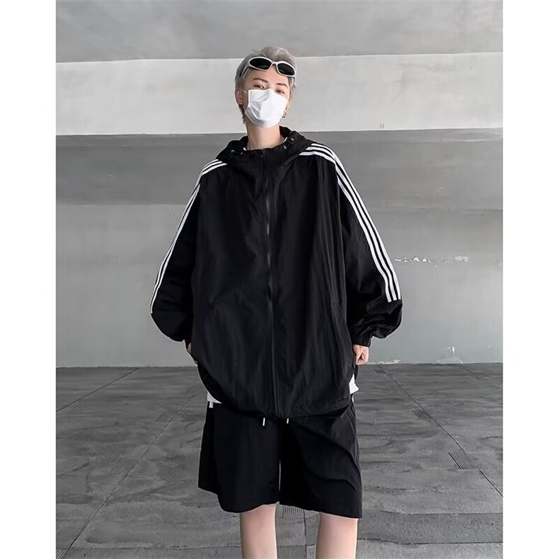 条纹简约轻薄透气外套套装宽松休闲五分短裤防晒套装男BK88,男装牛仔裤,星座1116A-1（原606A）