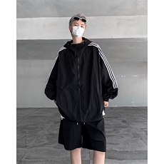 条纹简约轻薄透气外套套装宽松休闲五分短裤防晒套装男BK88，男装牛仔裤，星座1116A-1（原606A）