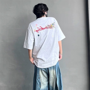 万针全刺绣工艺抖音得物高品质260克重磅纯棉双纱美式高街短袖T恤图片