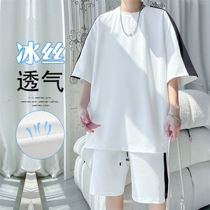 特批P55无差价夏季冰丝凉爽垂感拼接撞色运动短袖短裤套装男TZ302图片