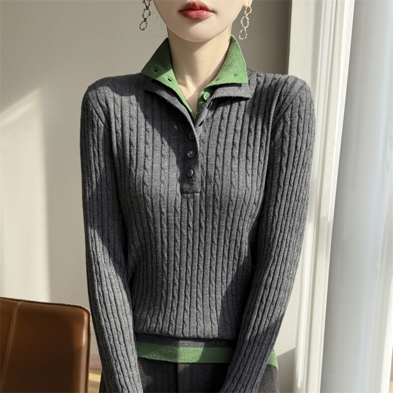 2025年秋季时尚百搭通勤简约休闲立领绞花假两件打底衫，女装羊毛衫，凯思米羊绒