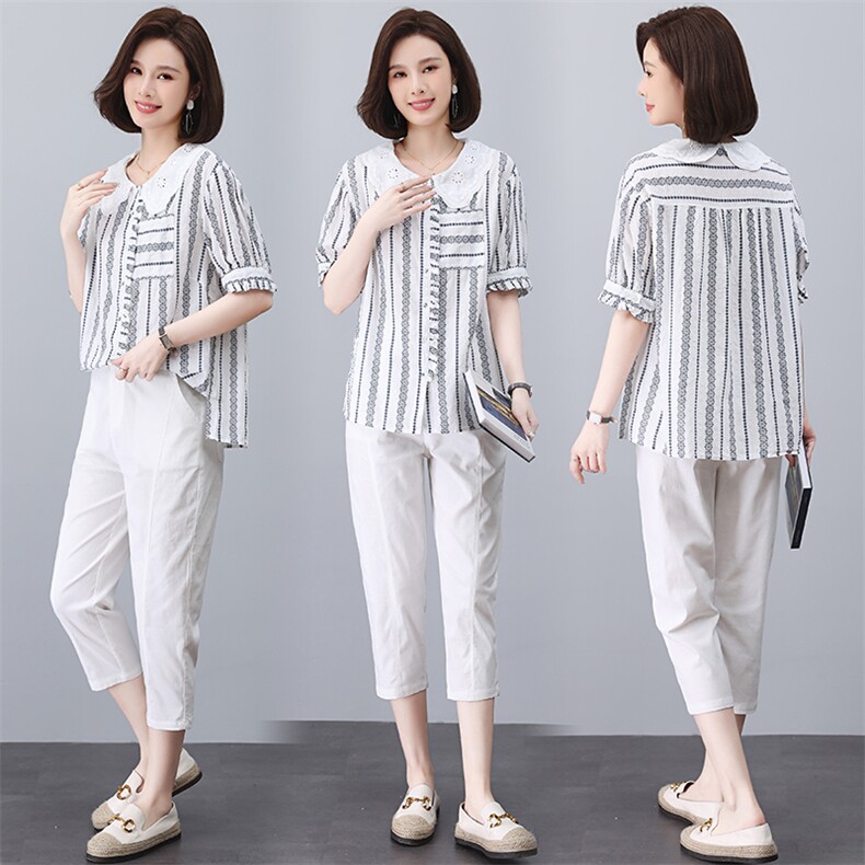 大量现货气质百搭条纹衬衫女套装2023夏季新款女士，女装大码女装，奕阳依阁