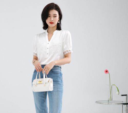 2021夏新款时尚V领口袋花边设计气质通勤减龄上衣，其它，秋子丰色(3F)