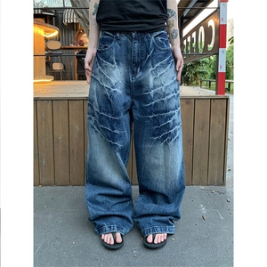 Luckme美式复古cleanfit休闲裂痕水洗直筒宽松阔腿牛仔长裤男女图片