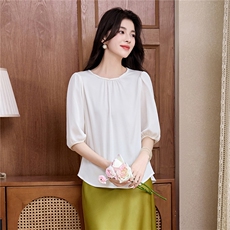 2025夏季新款重磅真丝衬衫女时尚气质圆领套头中袖纯色桑蚕丝上衣，女装衬衫，阿舍尔精品