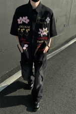 主推美式复古华夫格彩色花卉刺绣短袖衬衫情侣上衣男H939P68，男装T恤，电商A341