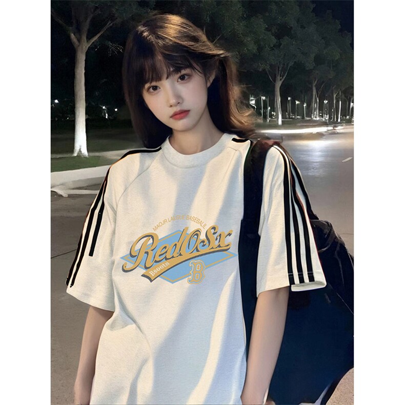 抖音得物高品质二开240克宽松纯棉美式潮牌三条杠织带短袖T恤图片