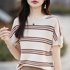 圆领拼色100%纯棉针织短袖T恤女夏季新款半袖宽松薄款上衣打底衫，女装针织衫/毛衣，郡淞羊绒