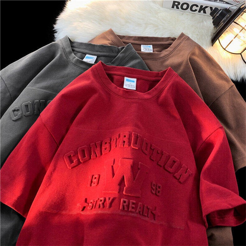 酒红色纯棉短袖宽松百搭t恤男夏季美式重磅钢印大码男装半袖体恤，男装T恤，电商A158