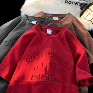 酒红色纯棉短袖宽松百搭t恤男夏季美式重磅钢印大码男装半袖体恤,男装T恤,电商A158