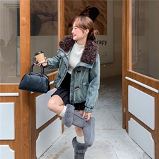 淡人蓝色羊羔毛翻领牛仔棉服女冬季2025年设计感时髦保暖休闲棉衣，女装棉衣/棉服，2D078