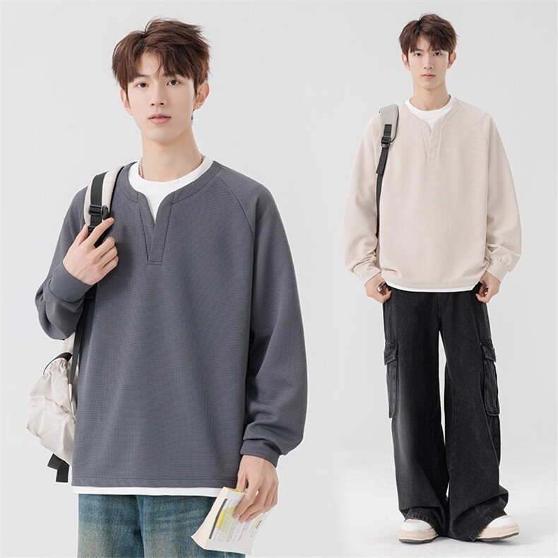 春款重磅撞色假两件潮牌华夫格卫衣2504，男装T恤，电商A161