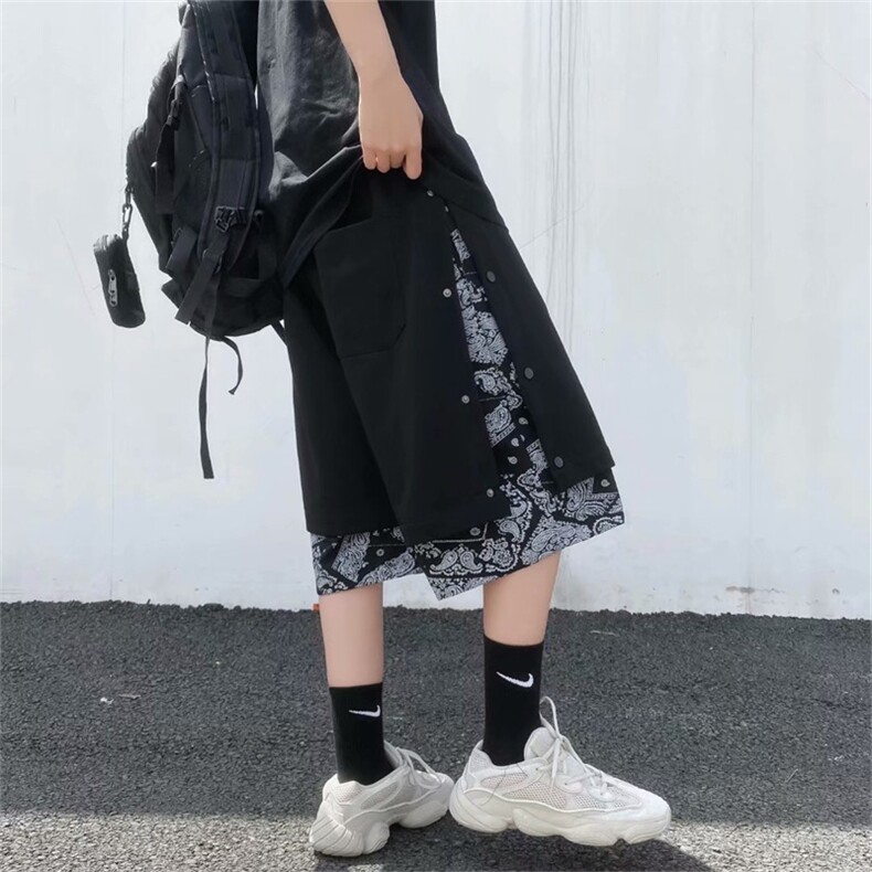 潮流夏季腰果花拼接假两件排扣运动中裤休闲短裤五分卫裤DJ21-p28,男装休闲裤,星座1008-1