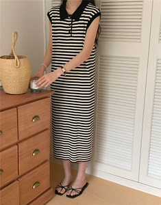 夏季新款潮牌港味复古修身显瘦女士条纹连衣裙图片