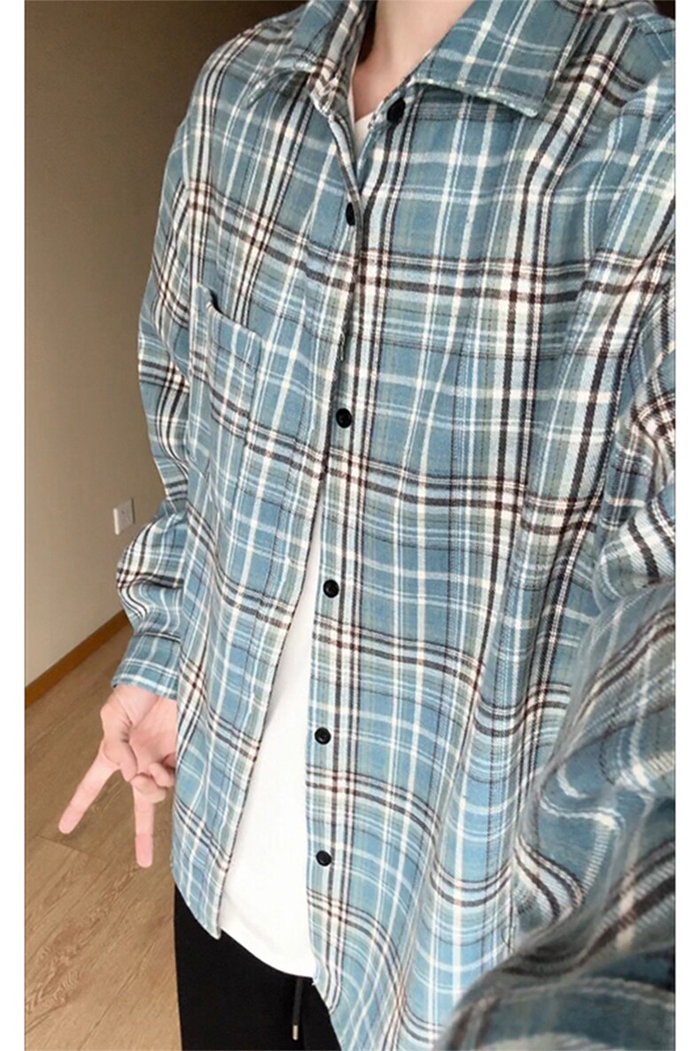 韩版潮流复古格子大码宽松翻领长袖衬衫内搭外套C2170-特P24,男装衬衫,电商A007