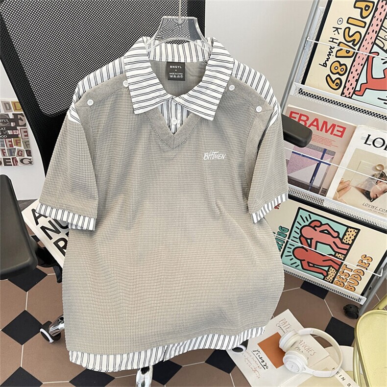 假两件短袖男款夏季潮牌衬衫拼接t恤美式学院风翻领上衣C30-P47，男装T恤，星座308B-1