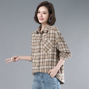 2021年春季POLO领格子衬衫女通勤韩版宽松磨毛衬衣外套图片