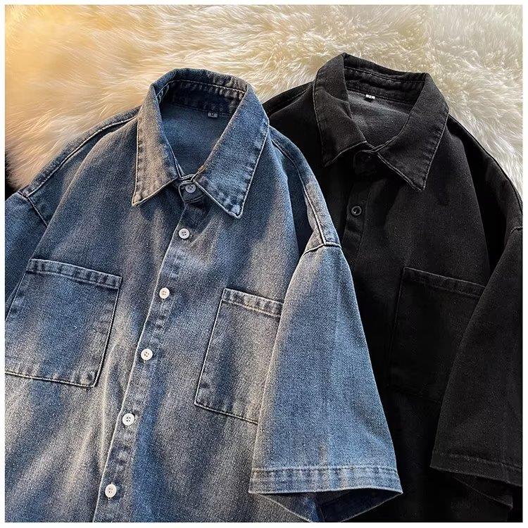美式牛仔衬衫男短袖夏季古着衣服ins复古半袖衬衣外套W1353-P45图片