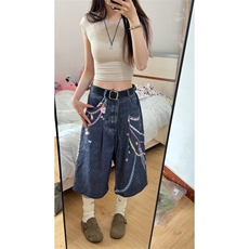 【有货】N1241CC-特P53美式3D链条彩色印花七分牛仔短裤男女，男装牛仔裤，星座1007（原301D）