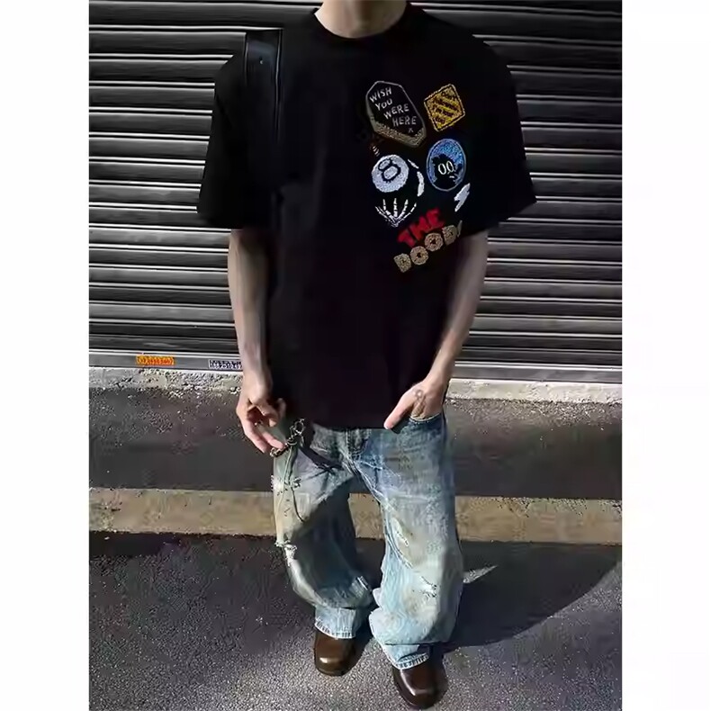 万针全刺绣工艺得物抖音高品质260克纯棉双纱美式高街短袖T恤P33,男装T恤,电商A486-1