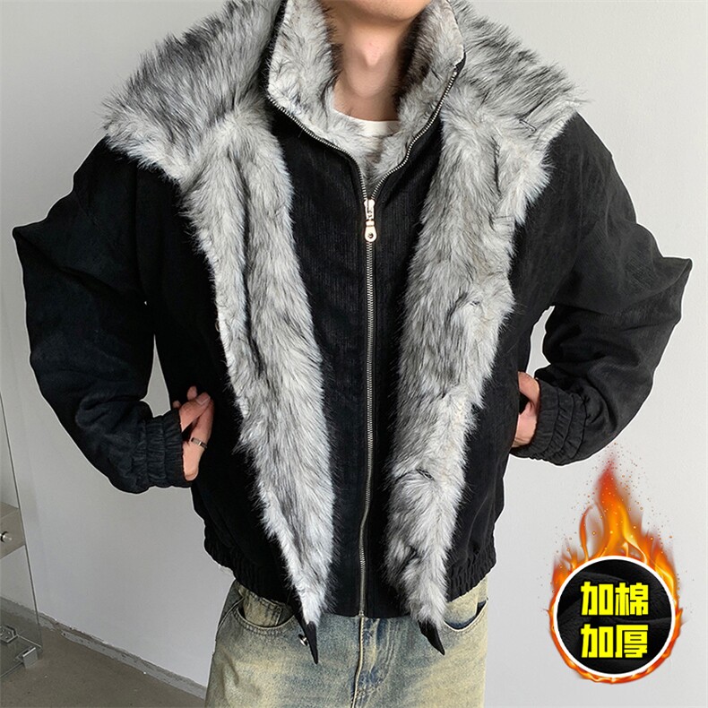 现货高品质美式高街重磅狼王座山雕毛毛领假两件棉衣加厚棉服外套，男装棉衣，电商A486-1