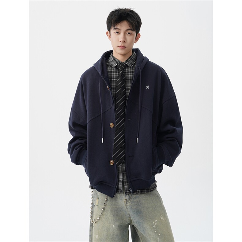 秋冬新款高品质藏青色连帽卫衣外套男美式宽松设计感小众WY23P78图片