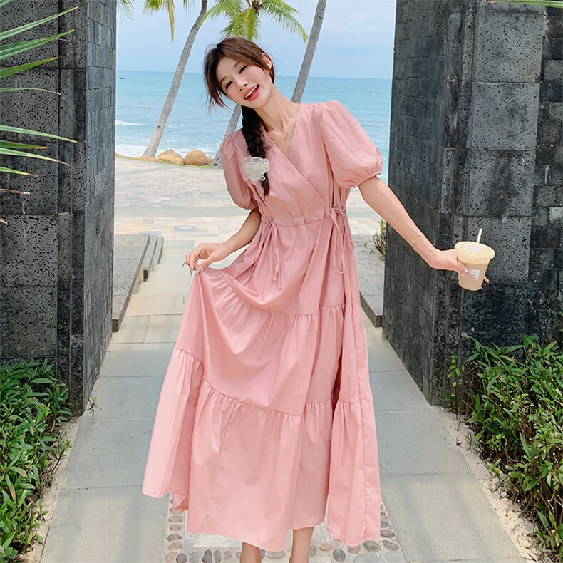 高腰荡领休闲风挂脖式法式连衣裙夏装韩版方领中长款显瘦气质时尚,女装连衣裙,2C105