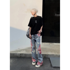 【网图】蕾丝拼接微喇牛仔裤直筒美式高街hiphop裤子NZK14LL-P65图片