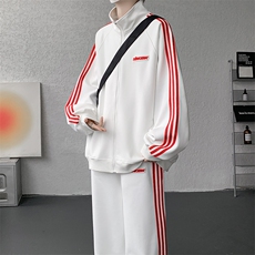 8XL-M条纹撞色开衫新年红卫衣运动套装潮牌运动服校园风TZ114P118，男装休闲套装，电商D206-1