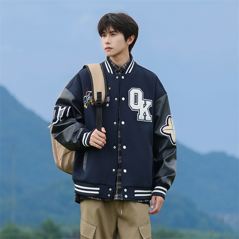 JK5872-P85美式拼接刺绣皮质撞色棒球服飞行员夹克外套控149,男装夹克,星座109
