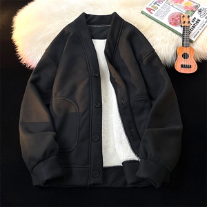 8XL-M羊羔绒开衫卫衣外套男秋冬季V领加绒加厚长袖上衣服KS001P58图片
