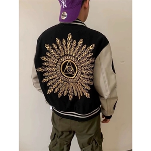 美式刺绣太阳之眼黑色夹棉棒球服夹克外套男A439-常规P68 加棉P78图片