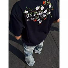 网络图!蓝色花朵刺绣短袖男款美式复古纯棉小领口五分袖T138，男装T恤，星座103A-1
