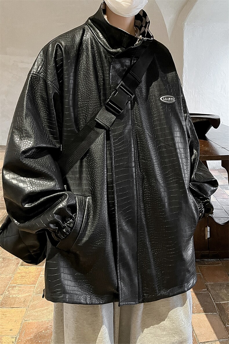 港风两面穿夹克男大码M-5XL格子PU皮鳄鱼纹皮衣男JK8753P110控149,男装夹克,星座227-7