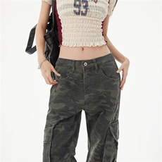 美式复古迷彩微喇叭工装牛仔裤女2025春夏宽松马蹄裤子K6127-P59，男装休闲裤，星座412-3