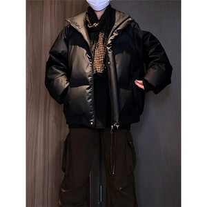 现货5W件冬季三防重磅硬挺boxy短款羽绒立领PU皮棉衣外套加厚棉服图片