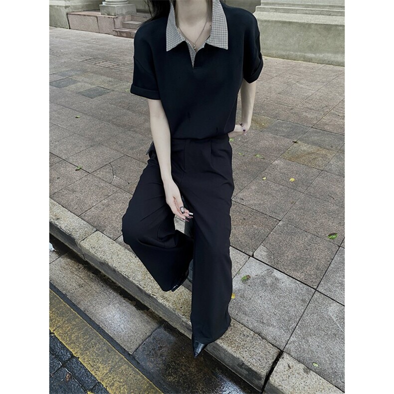 得物抖音高品质二开夏季美式潮牌假两件格子衬衫翻领高街短袖T恤,男装T恤,电商A486