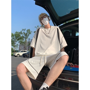 美式拼接短袖T恤套装上衣T3688特P27控58-裤子DK8650特P26控49图片