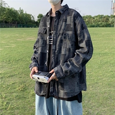 设计感小众格子长袖衬衫男ins宽松日系牛仔衬衣潮牌外套CS81-p55，男装衬衫，星座1008