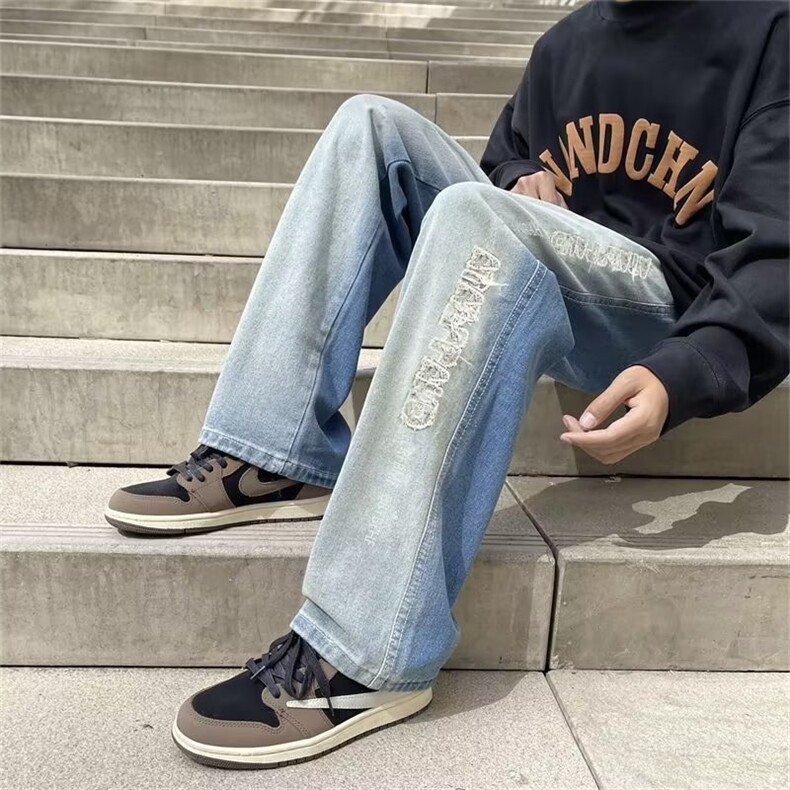 高街渐变色牛仔裤男美式潮牌设计感直筒复古宽松阔腿裤N5087-P45图片