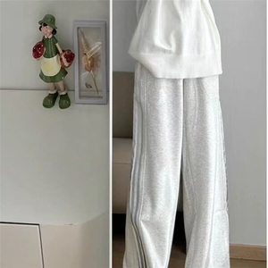白花灰渐变条纹垂感裤子男款美式三条杠直筒运动休闲卫裤图片