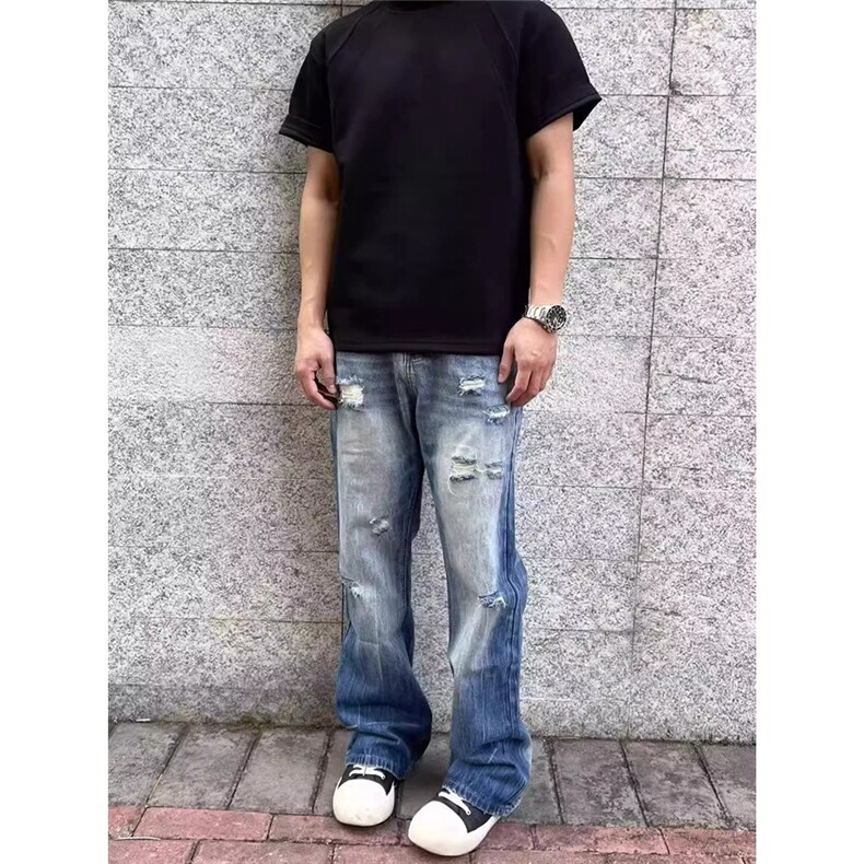 水洗牛仔裤男美式vibe宽松显瘦破洞裤子直筒裤DA777-P43，男装牛仔裤，星座208-5