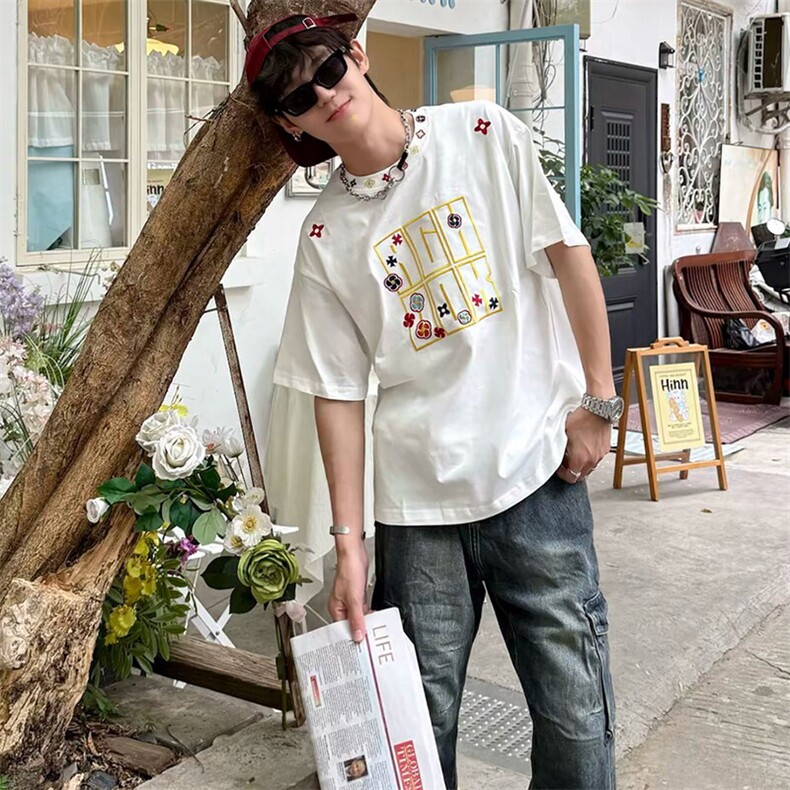 万针全刺绣工艺抖音得物高品质260克重磅纯棉双纱美式高街短袖T恤,男装T恤,电商A486-1